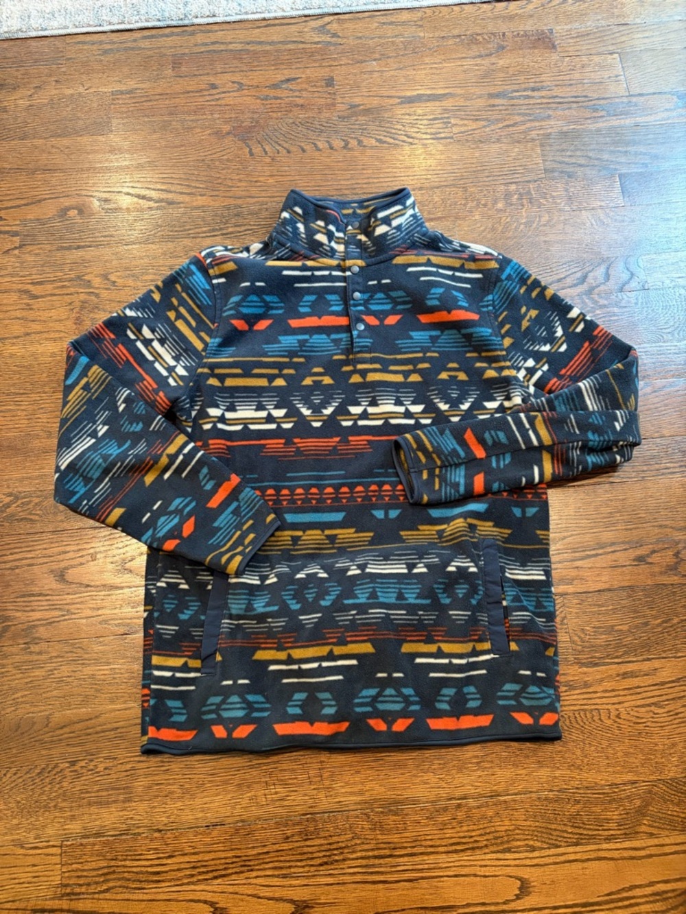Men's Patterned Quarter-Zip Pullover Sweatshirt in Navy with Multicolor Accents